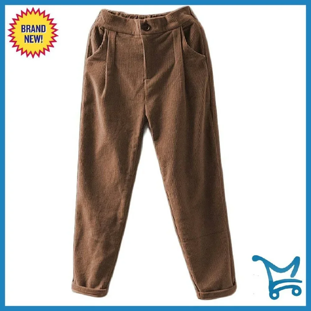 Cropped Corduroy Pants Elastic Waist Straight Leg with Pockets